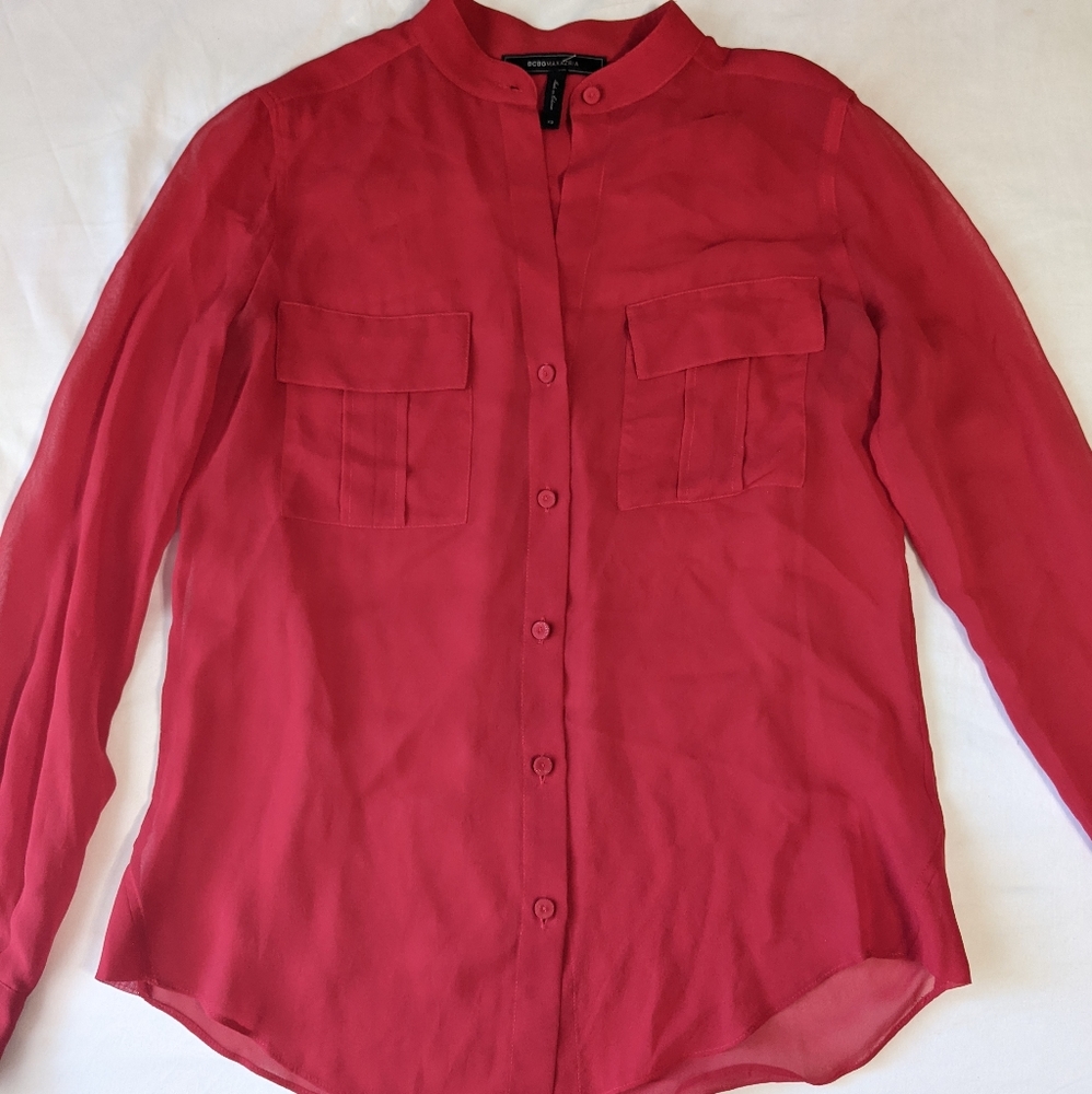 BCBG Max Azria Sheer Red Button Down Shirt Women's Size XS